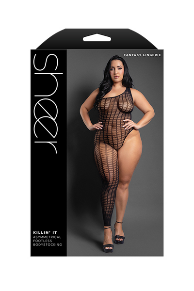 KILLIN' IT Asymmetrical footless bodystocking in grid pattern knit (Black)