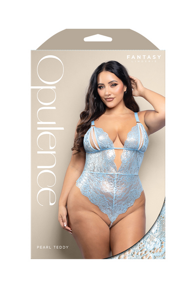 Teddy with split pearl string cups, cut-out back and pearl string crotch in metallic foil lace (Light blue)