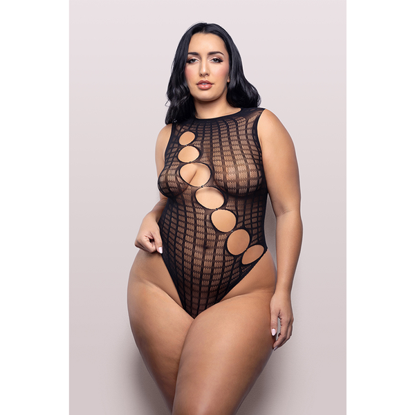 LATEST OBSESSION Teddy with diagonal rhinestone accent cut-outs in grid pattern knit (Black)